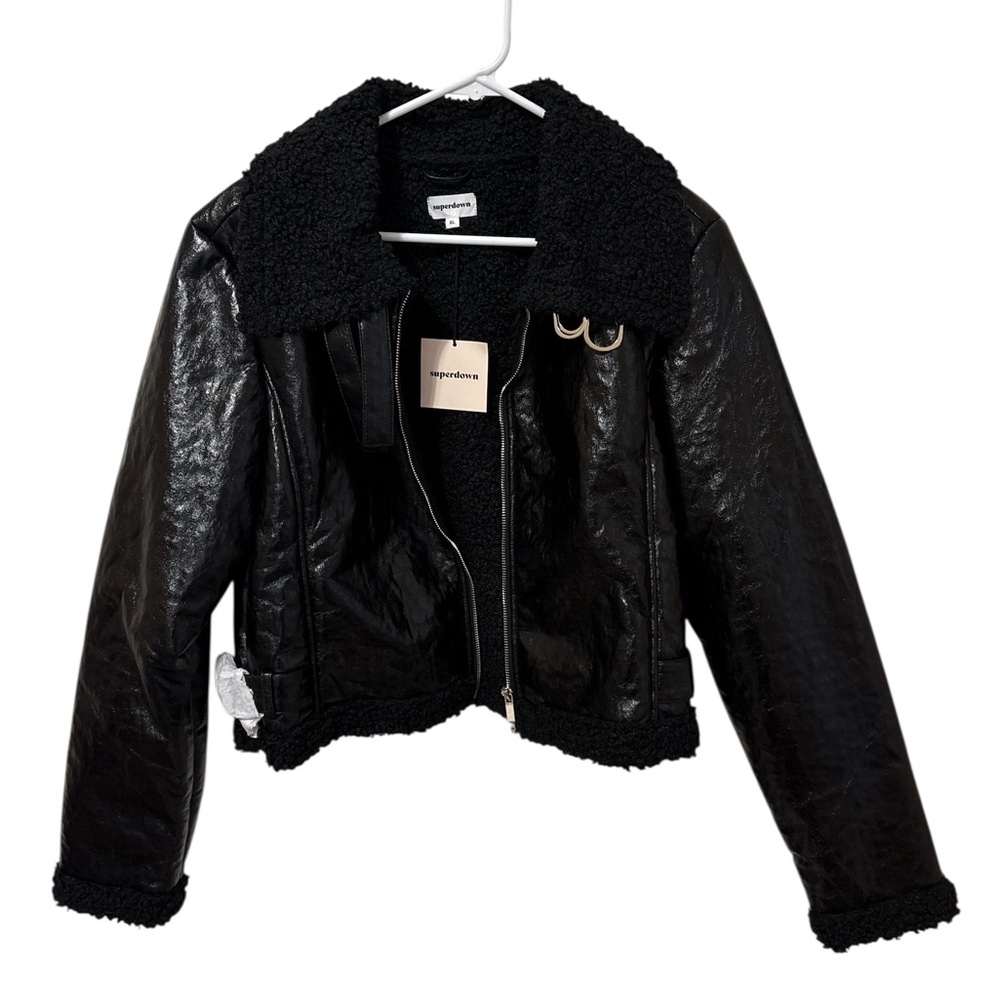 NWT Superdown Black Faux Leather Jacket with Shearling Collar